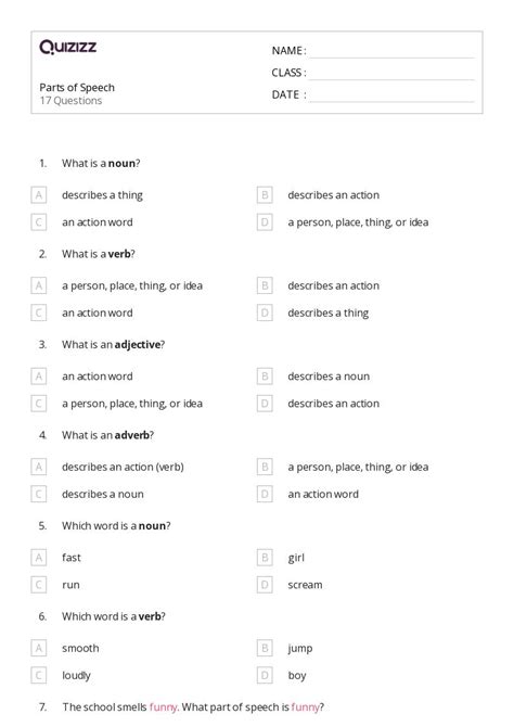 50 Parts Of Speech Worksheets For 4th Grade On Quizizz Free And Printable