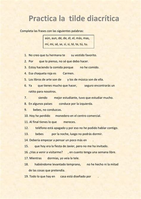 Tilde diacrítica online worksheet Actividades de español Ejercicios