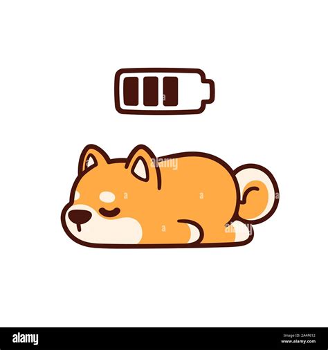 Cute Cartoon Shiba Inu Puppy Taking Power Nap With Charging Battery