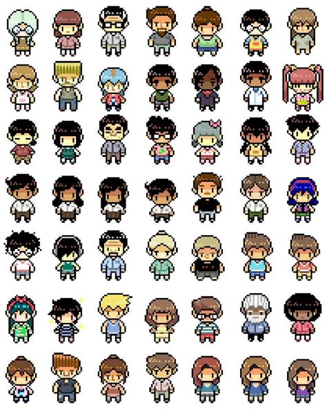 Some Pixel Art Style Characters Are Shown In Different Styles And Sizes