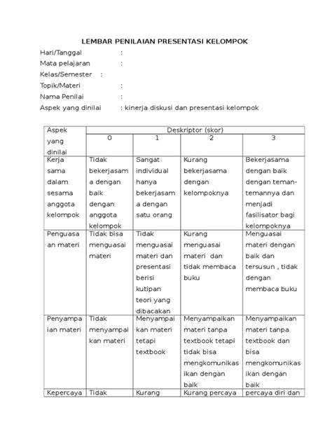 Rubrik Penilaian Format Lembar Penilaian Diskusi Kelompok Riset