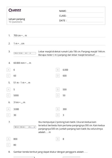 50 Lembar Kerja Satuan Panjang Dan Metrik Untuk Kelas 2 Di Quizizz