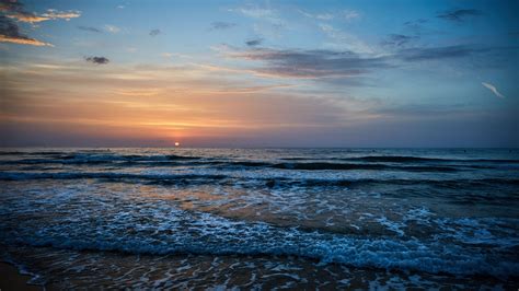 Sea Waves During Sunset Under Blue Cloudy Sky 4k Hd Nature Wallpapers