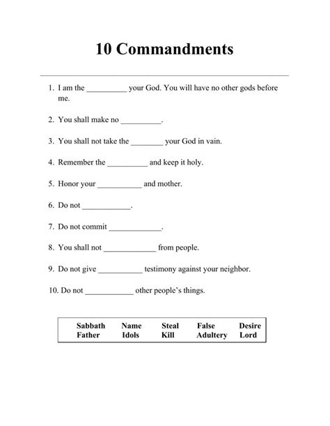 The Ten Commandments Of God Worksheet With Answers And Examples For