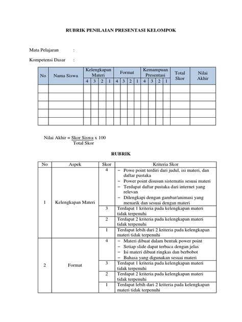 Rubrik Penilaian Presentasi Kelompok Pdf