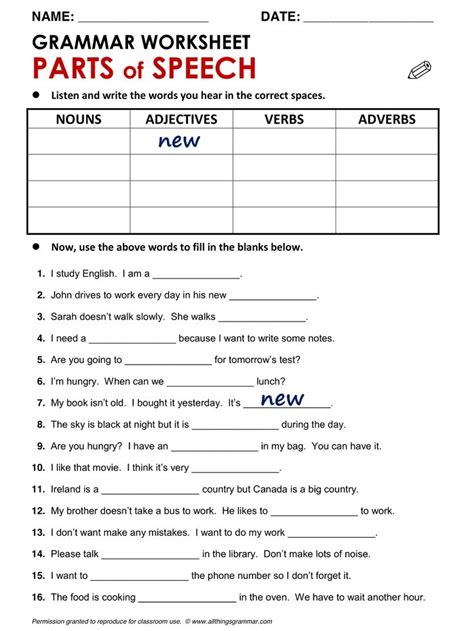 Parts Of Speech Review Worksheet Onlineworksheetmyid