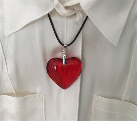 Large Red Glass Heart Necklace Deep Red Puffy Heart Pendant With Black