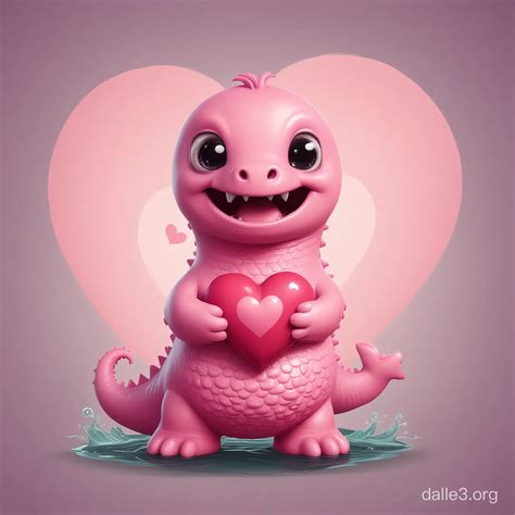 Adorable Pink Cartoon Loch Ness Monster Holding A Heart Dalle3 Ai