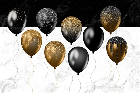 Black And Gold Balloons Clipart Glitter Balloon Png Digital Etsy