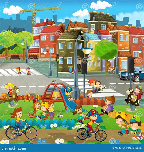 Cartoon Scene With Kids Having Fun In The Park Royalty Free