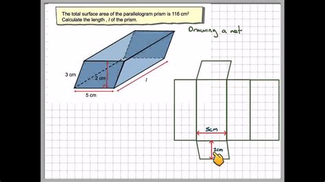 The volume of a prism is v = bh, where b is the area of the base shape and h is the height of the prism. Finding a length of a parallelogram prism - YouTube