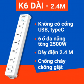 Ổ điện đa năng SHOPTIDA WORKZ K6 2.4m (Chịu tải 2500W cắm nồi chiên, nồi lẩu an toàn)