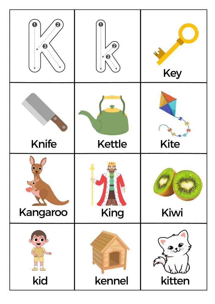 What Starts with Letter K Words Worksheets Printable PDF