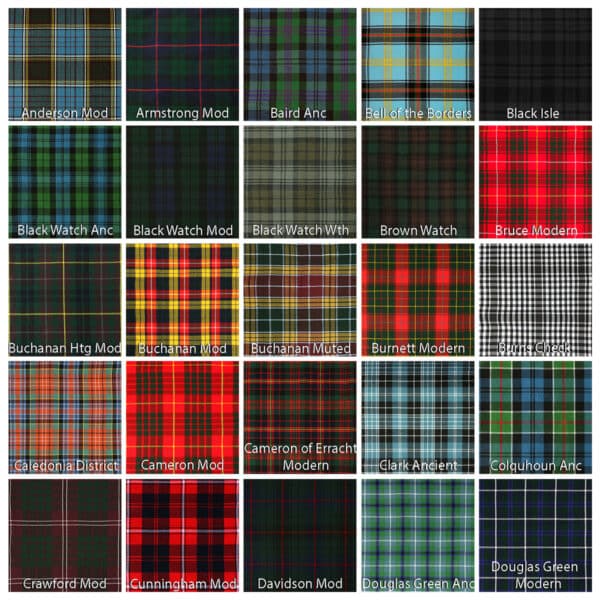 A grid of 25 different tartan patterns, each labeled with its respective name, such as Anderson Mod, Armstrong Mod, Baird Anc, Bell of the Borders, Black Isl, and many others.