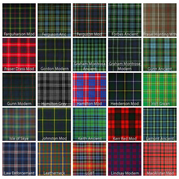 A grid of 30 different tartan patterns, each labeled with a specific name or designation, ranging from "Farquharson Mod" to "MacAllister Mod" and including "LGBT" and "Law Enforcement.