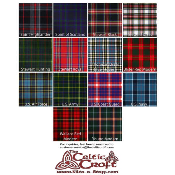 A display of various tartan patterns labeled with names such as Spirit Highlander, U.S. Navy, and Wallace Red Modern. A logo and contact information for The Celtic Croft appear at the bottom.