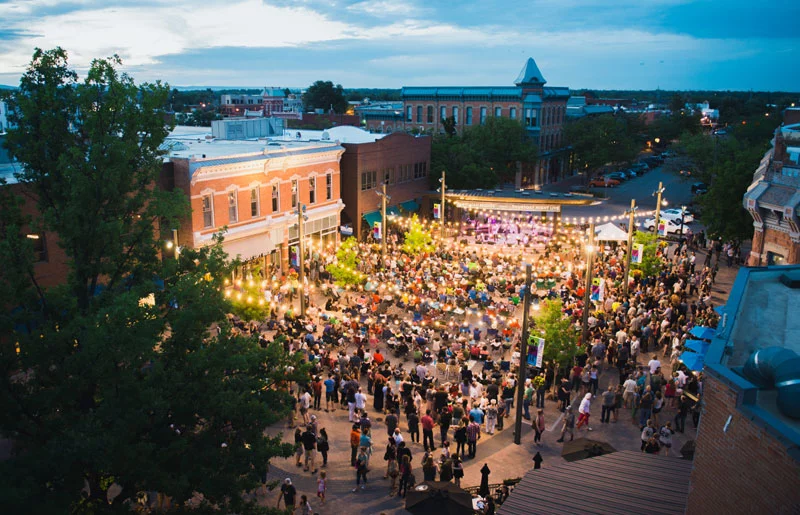 Arial view of a full Fort Collins Old Time Square during live music event, which is a free thing to do in northern Colorado during the summer months.