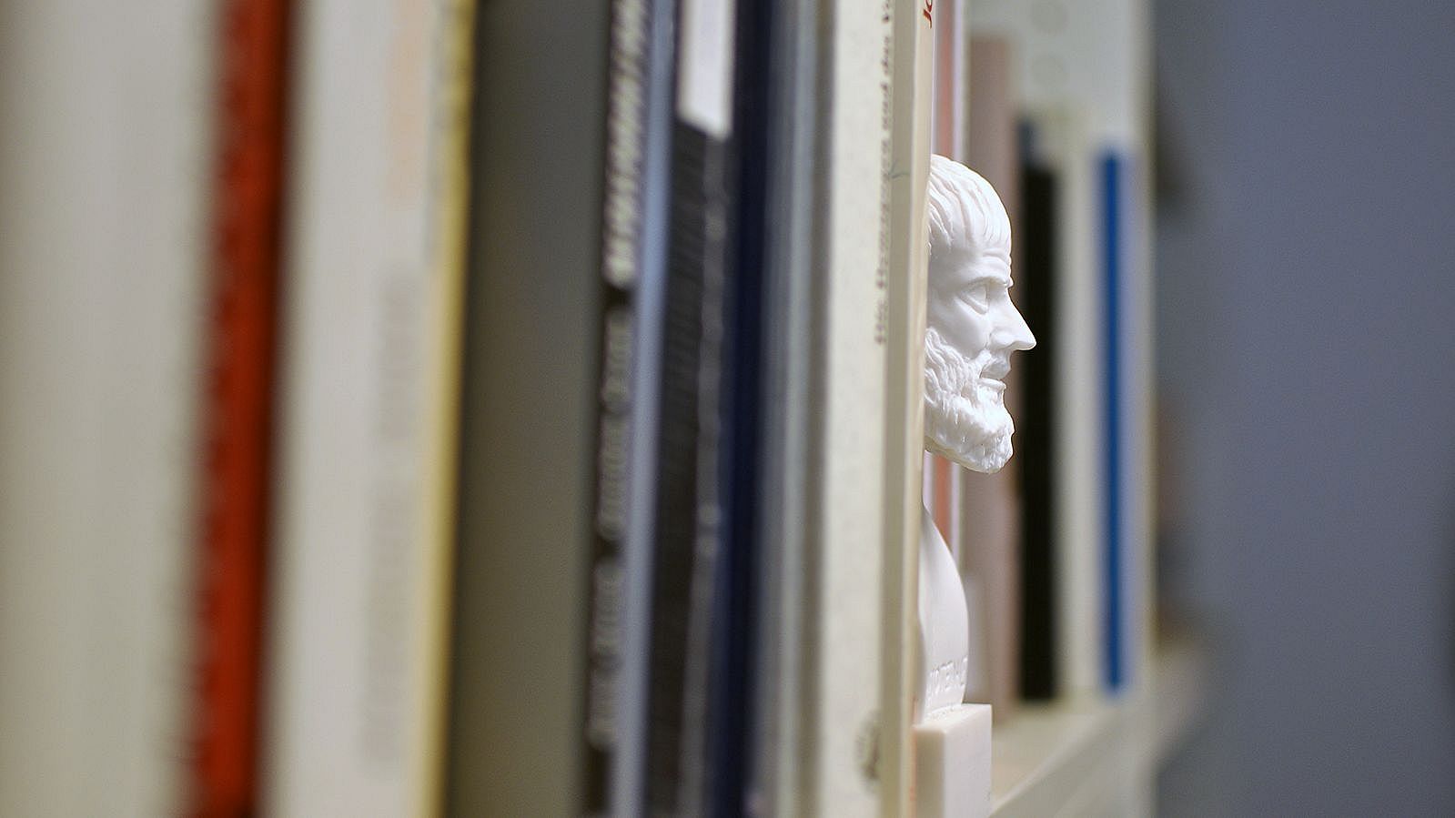 Statue im Bücherregal.