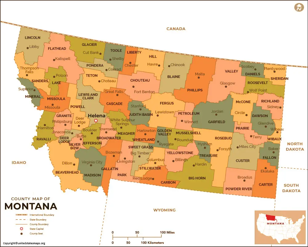 county map of Montana with cities