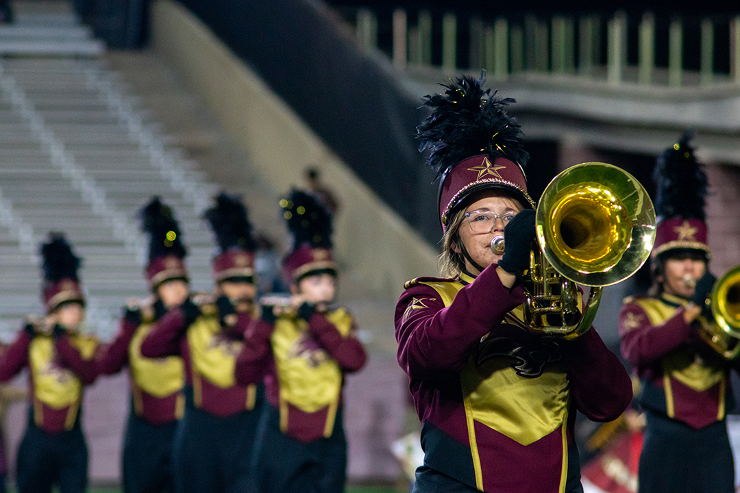 A member of the Bobcat Marching Band plays the french horn during the halftime performance for the game against Georgia State, Saturday, Nov. 23, 2024, at UFCU Stadium.