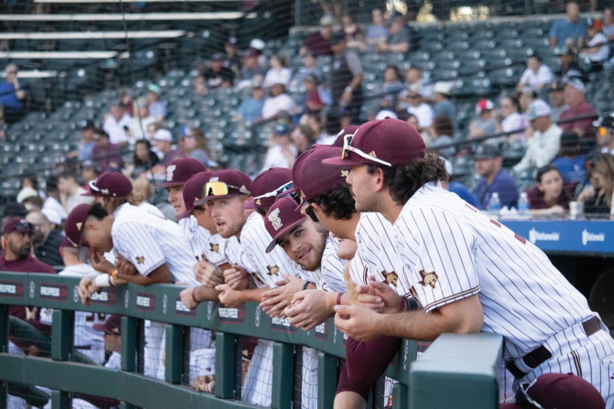 Members of the Texas States baseball team wait in the dugout during their game against Washington State. Sunday, Feb. 25, 2024, at the Dell Diamond in Round Rock, Texas