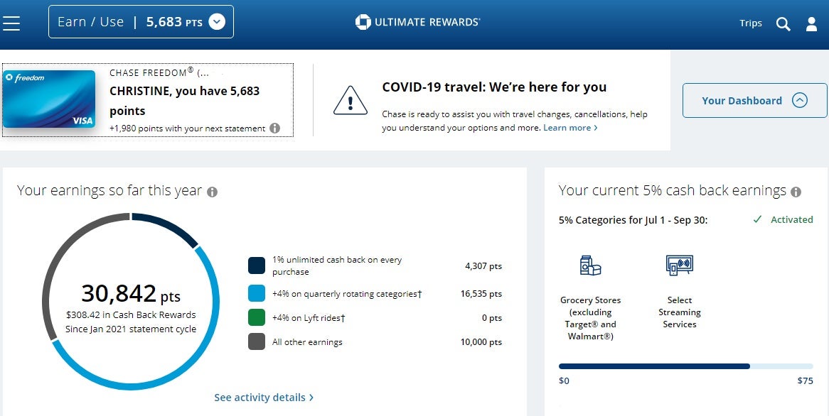 Ultimate Rewards Dashboard Earnings