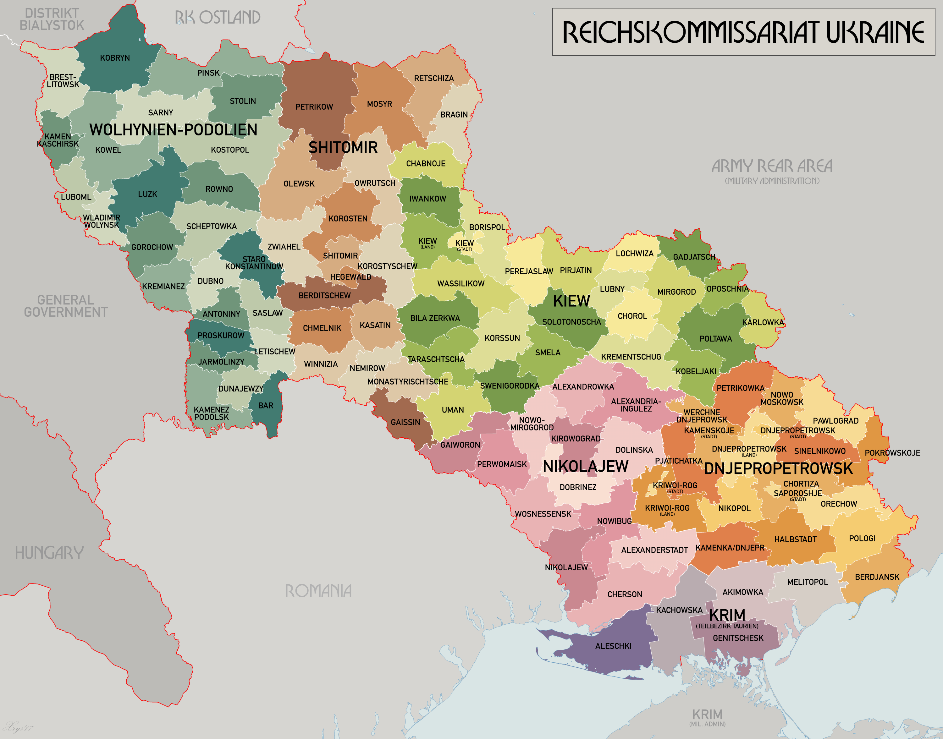 An administrative map of the Reichskommissariat Ukraine. Shows the boundaries of the Generalbezirke and Kreisgebiete as of September 1943. © XrysD