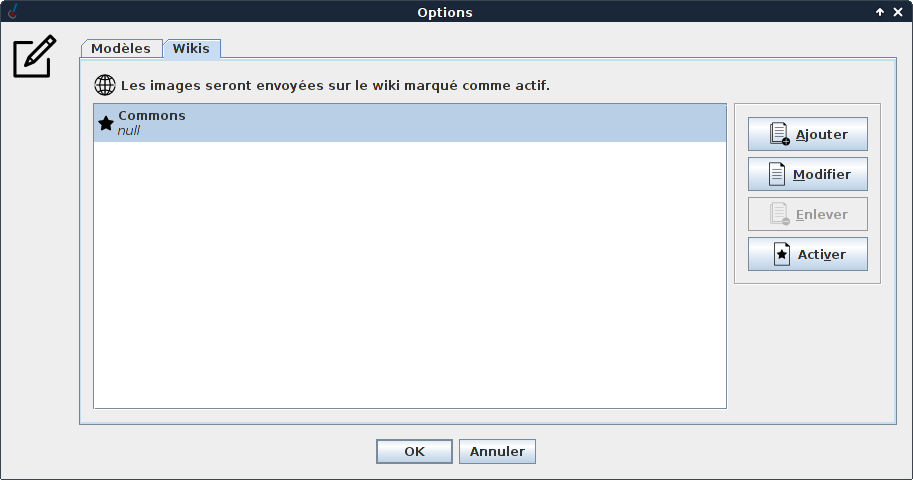 Écran de configuration des wikis.