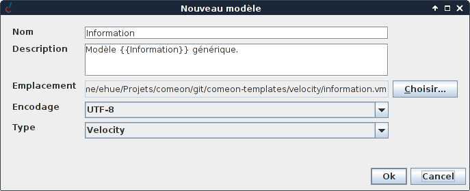 Écran de déclaration d'un nouveau modèle.