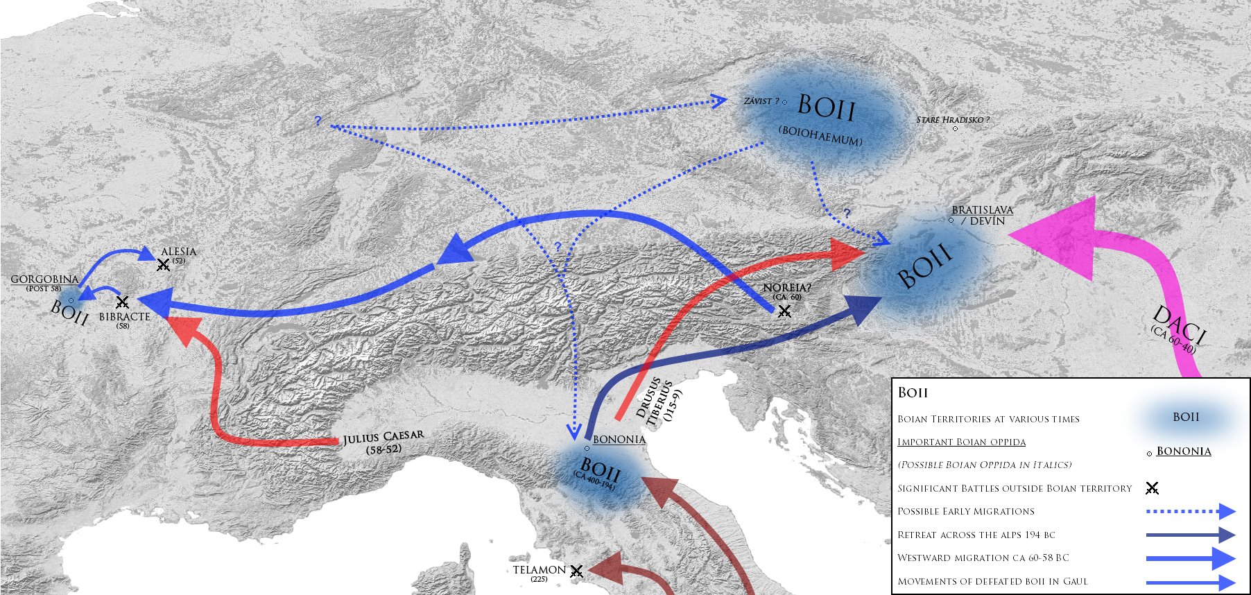 Roman accounts of movements of the Boii. © Trigaranus