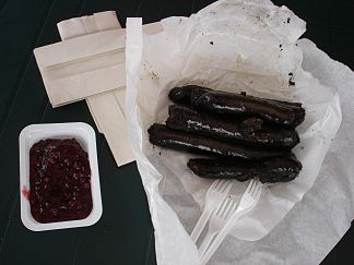 Mustamakkara with lingonberry jam, traditional meal from Tampere