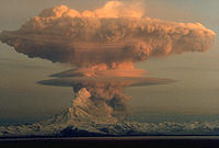 Mount Redoubt with mushroom cloud during eruption.