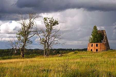 Windmill ruins on top of one of Bākūžu Hills - Laktas Hill in Vidzeme Upland, Latvia.