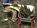 Splitting the Messel Oil Shale with a large knife to expose fossils.