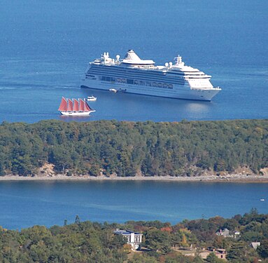 Three types of ships in the harbor at Bar Harbor, Maine. Taken from the top of Cadillac Mountain in Acadia National Park, Maine.