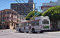 Muni trolleybus crossing Cable car tracks in San Francisco