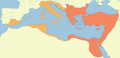 Expansion of the Byzantine Empire, from the rise to power of Justinian (527, red) to his death (565, orange)