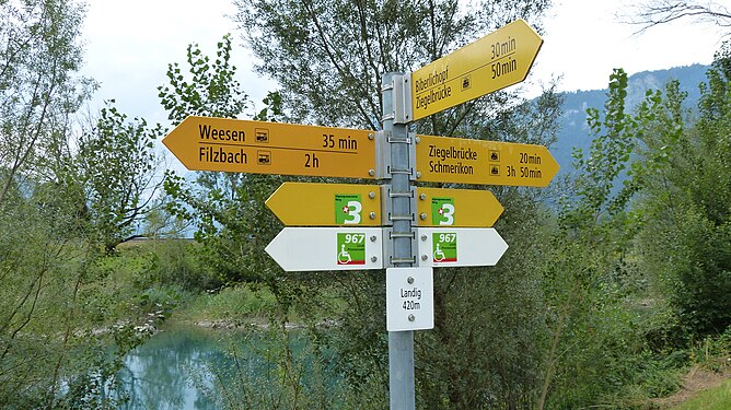 Signage on Switzerland hiking trails indicating accessibility to wheelchairs]]