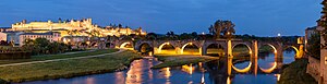 Fortified city of Carcassonne at dusk.