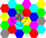 Hadwiger–Nelson problem: 7-coloring of the plane and 4-chromatic unit distance graph. From the junkyard.