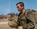 Republic of Vietnam: PFC Roger K. Chale (Grand Forks, N.D.), Hq and Hq Co, 1st Bn, 327th Inf., wends his weary way back to his tent after an all-night ambush patrol. His face shows the strain of combat. Operation "Harrison" was launched by the 101st Abn Div in the Rice Bowl area near Tuy Hon. The operation was to search, sweep and destroy the Viet Cong in an area that was not swept by American forces in the past.