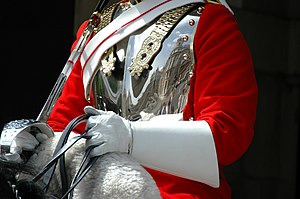 A guard from the Household Cavalry Mounted Regiment (Life Guards) on duty, facing Whitehall