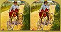 Woman on bicycle, stereocard, c. 1900