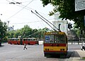 Trolleybuses in Kyiv, the St. Sophia Cathedral in the background.