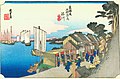 Title: Shinagawa - A gateway to Yedo (now Tokyo). Taverns are abutting the highway by the seashore.