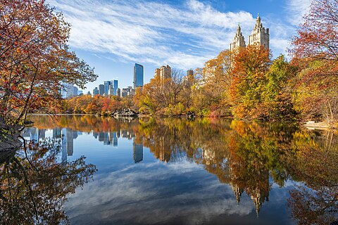 View over The Lake (Central Park, New York City) to Building San Remo in autum 2024