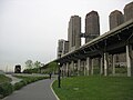 Looking north. Riverside South and West Side Highway, right. New York Central 69th Street ferry, left.