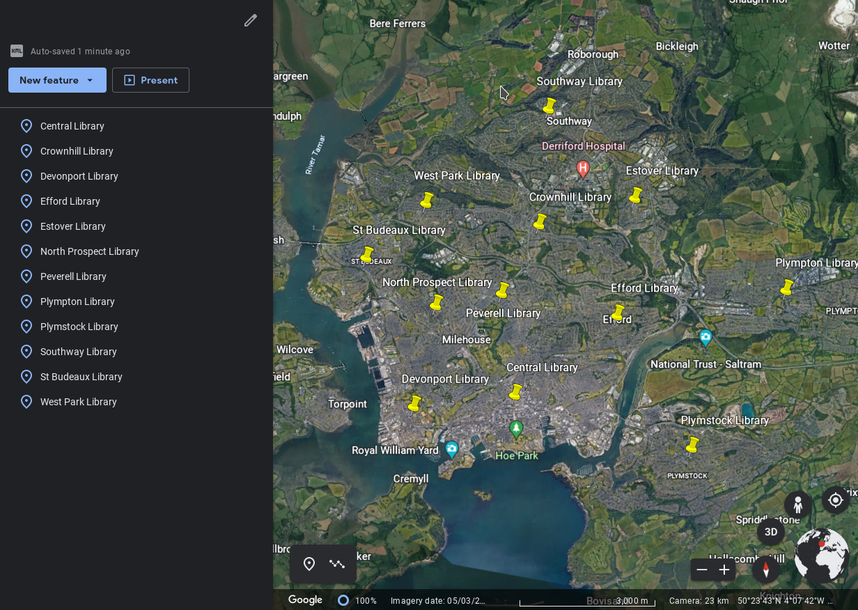 A satellite map of Plymouth showing all the libraries from our KML file