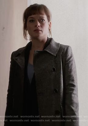 Lisa's gray double breasted coat on What/If