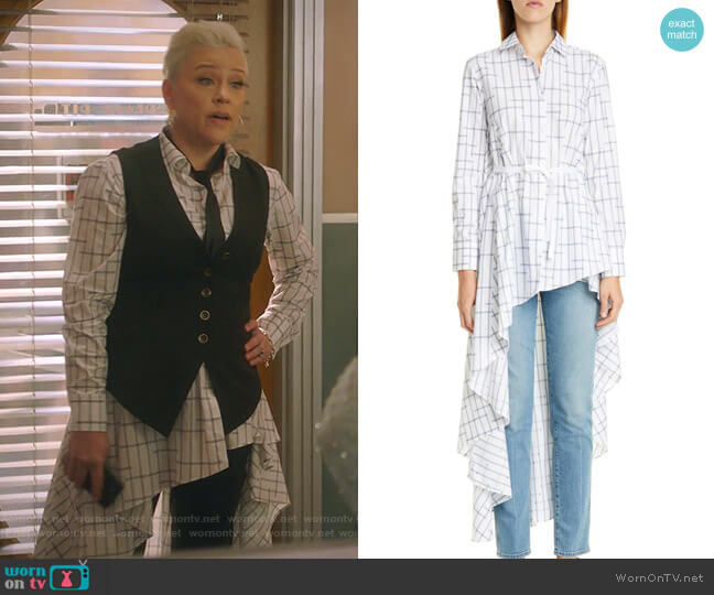 Christine’s white check high-low shirt on BH90210